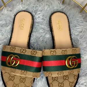 Gucci Beige GG Canvas Slide Sandals with Green & Red Web and Gold Double G